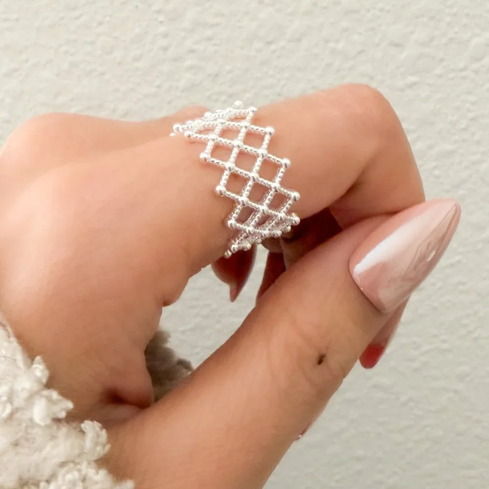 925 Sterling Silver Textured Ring Band Thick Ring Weave Woven Ring